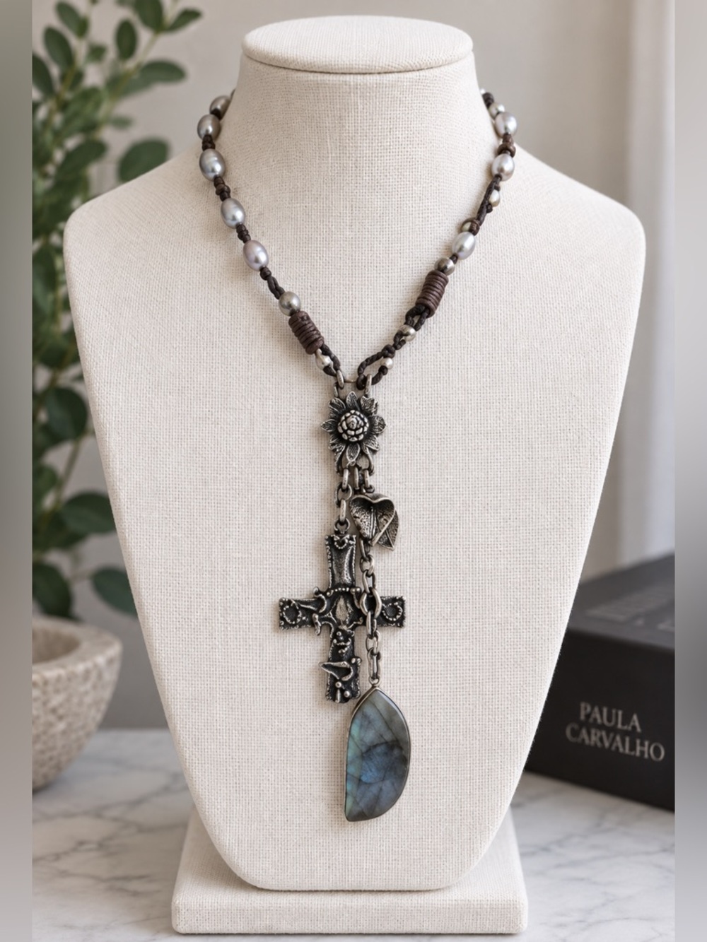 Paula Carvalho Pearl Cross & Labradorite Necklace